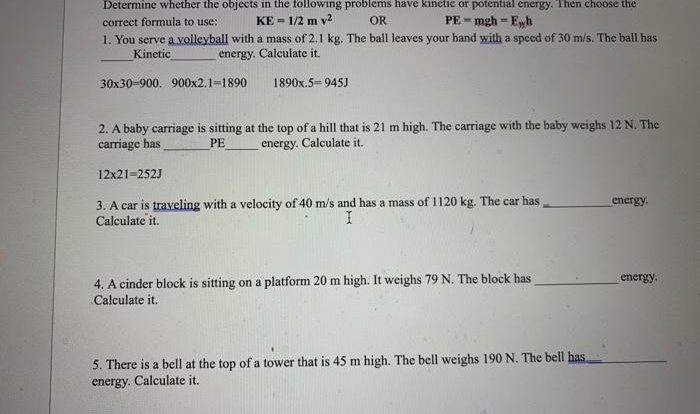 Kinetic potential energy worksheet answers