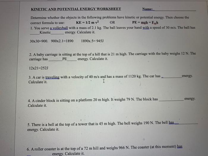 Kinetic potential energy worksheet answers