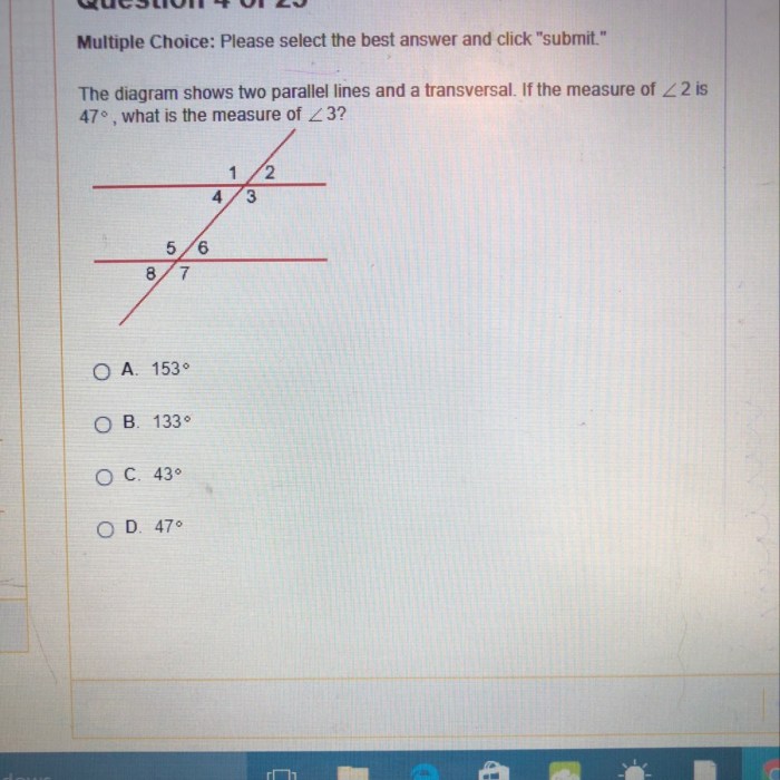 The diagram shows two parallel lines and a transversal